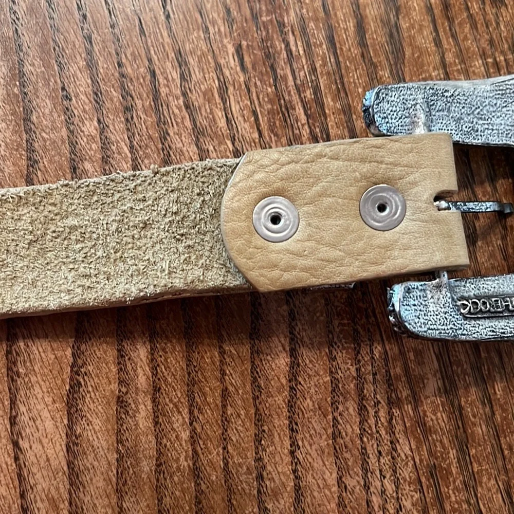 LeatherRock Vintage Tan Leather Belt W/ Burgundy Studs And Multi-colored Rock L